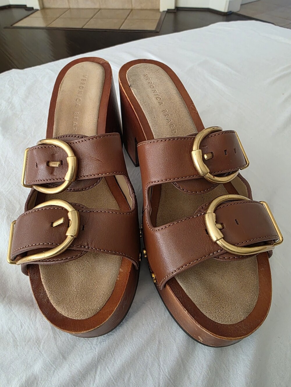 Veronica Beard Tan Brown Leather Double Buckle Platform Mules